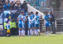 Barrow’s Josh Kay celebrates with his team mates after scoring their goal against Port Vale  in the 24th minute         Pictures: Gerard Austin | MI News