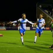Barrow's Ben Whitfield celebrates after scoring their first goal. Pictures: Ian Allington | MI News).