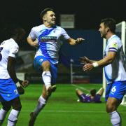 Barrow’s Billy Waters celebrates after scoring their second goal. Pictures; Ian Allington | MI News