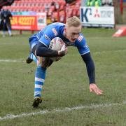 OVER HE GOES: Jake Spedding scored twice for Barrow Raiders at Batley Bulldogs Picture: Richard Land