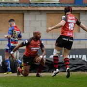 Stargroth Amean celebrates his try for Barrow Raiders against Rochdale Hornets Picture: Richard Land