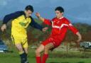 GOAL: Graham Wilcox (left) scored Swarthmoor’s only goal in a 3-1 defeat at Storeys on Saturday