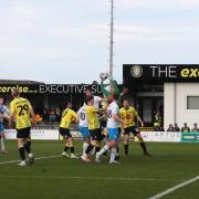 Harrogate Town's Mark Oxley claims the ball from Barrow's free kick during the Sky Bet League 2 match between Harrogate Town and Barrow at Wetherby Road. Pictures: Mark Fletcher | MI News