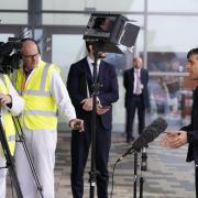 Prime Minister Rishi Sunak doing media interviews during a visit to BAE  in Barrow