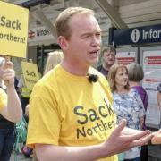 MP Tim Farron at the end of the line as the protesters call for Northern Rail to lose their franchise  MILTON HAWORTH