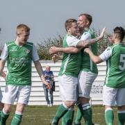 Holker Old Boys celebrate Phil Coombe's goal Picture: Milton Haworth