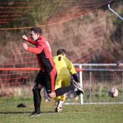 FOOTBALL --- Dalton United v Horwich St Mary's Victoria // Pictured: Gareth Jones scores his 500th goal for Dalton Saturday 17th February 2019 LINDSEY DICKINGS FILM AND PHOTOGRAPHY