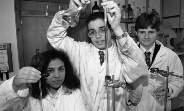 TESTING: Irmeen Jeelani, left, Sherif El-Tawil and Peter Newton at Chetwynde School, Barrow, in 1998