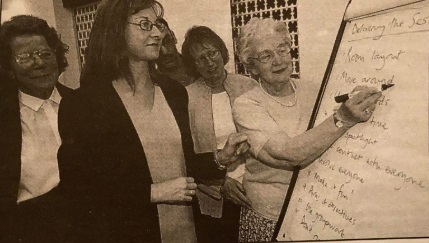GUIDE: Trish Hawitt, training consultant for Peninsula Training Ltd (centre) guides volunteer Sheila Bateman through the deaf awareness course, pictured in 2001
