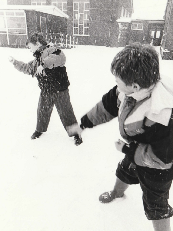 BULLSEYE: Two youngsters enjoying a snowball fight in Furness in February 1994