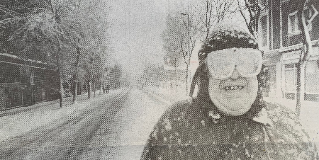 BLIZZARD: Stephen Davis sported some welder’s goggles as he walked up Abbey Road in Barrow on February 6, 1996
