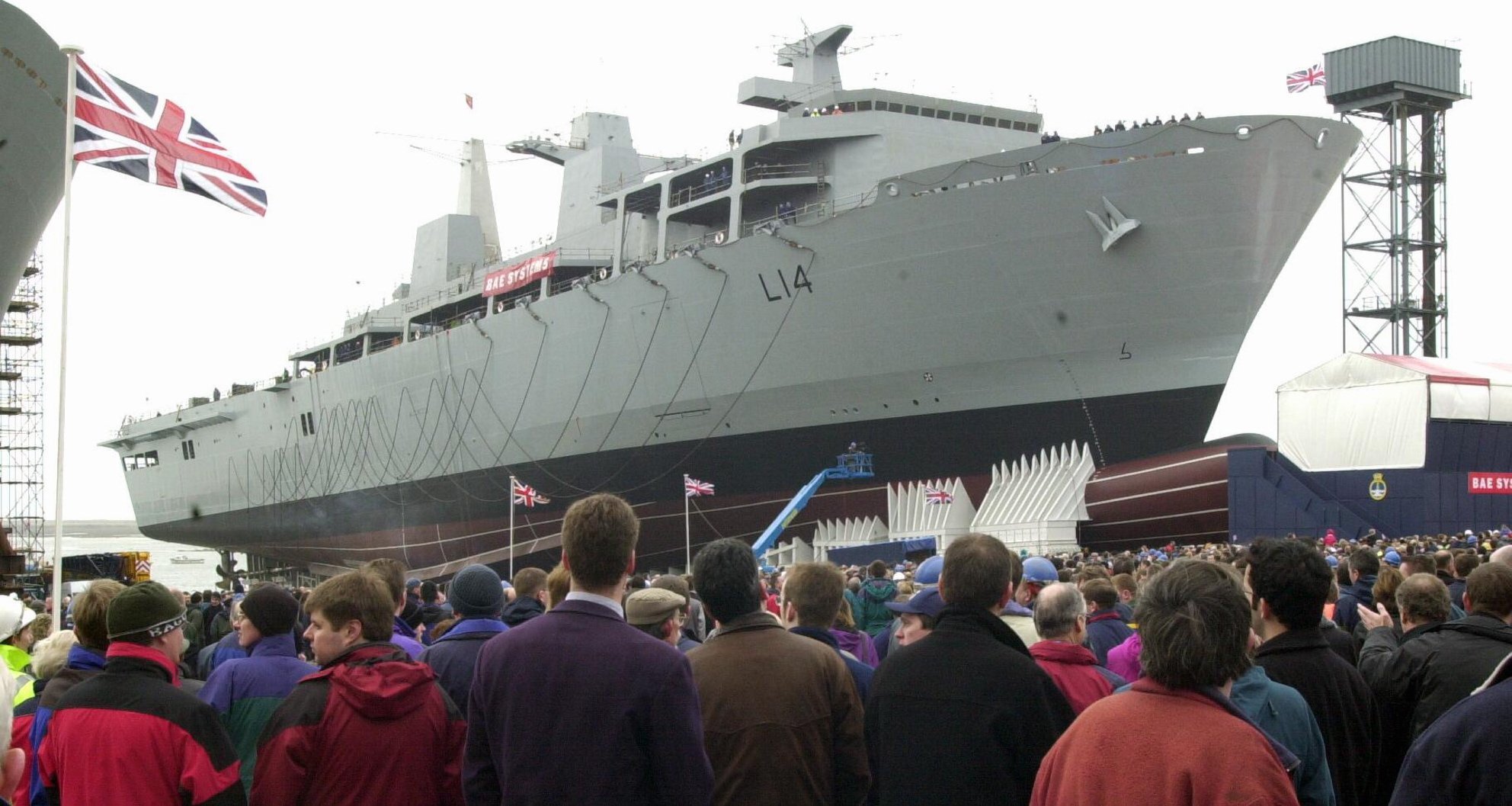 Launch of the Landing Platform Dock HMS Albion .Pic: Crowds gather for the naming and launch of Albion.RICHARD ENGLISH REF: 0079624.