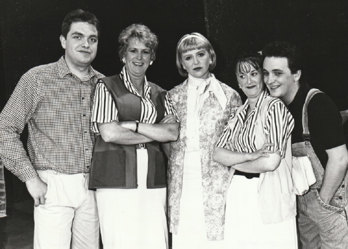 SCENE: The Grievance Committee in The Pajama Game in 1993, from left: Philip Goulding as Pres, Olive Flanagan as Mae, Sarah Flanagan as Babe, Julia Sharpe as Brenda and Martin Craig as Joe