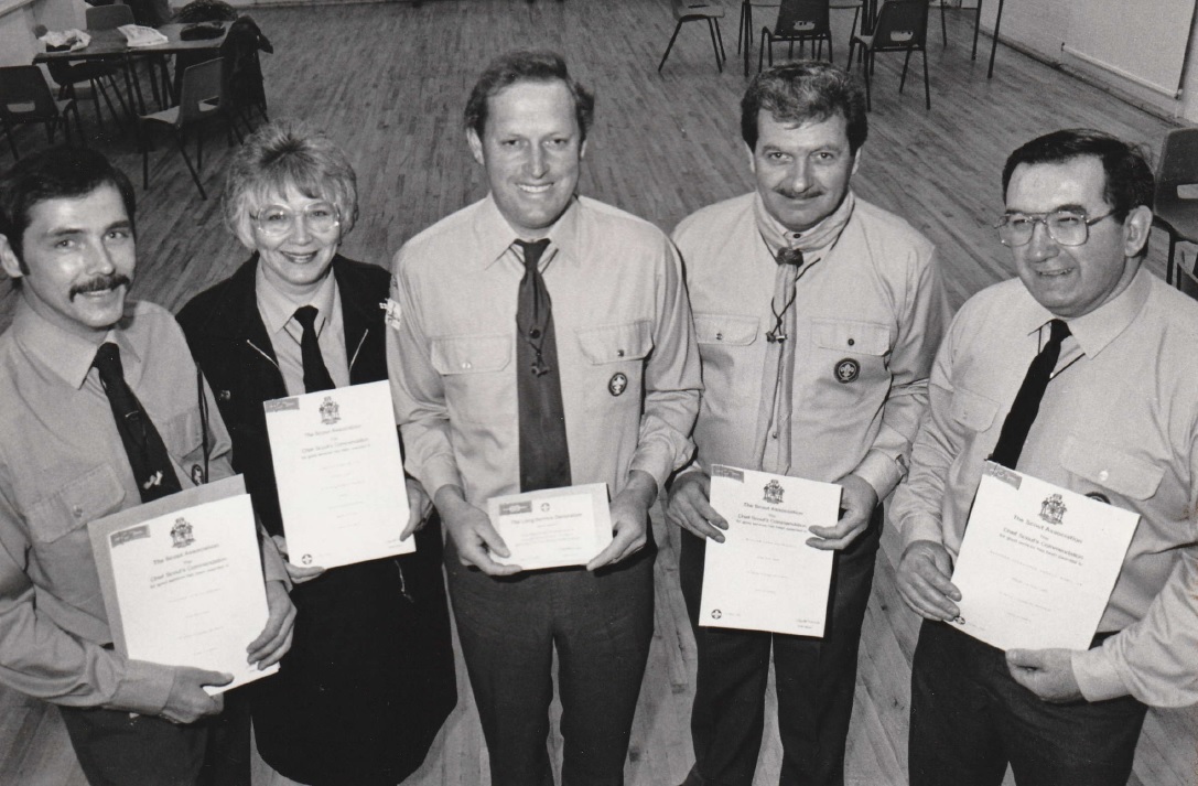 LEADERS: Scout leaders who won awards and commendations at the Barrow and District Scout Association annual meeting in 1993. From left: Leslie Brown, Linda McCoy, David Quayle, Bill Grisedale and Bernard McMillan