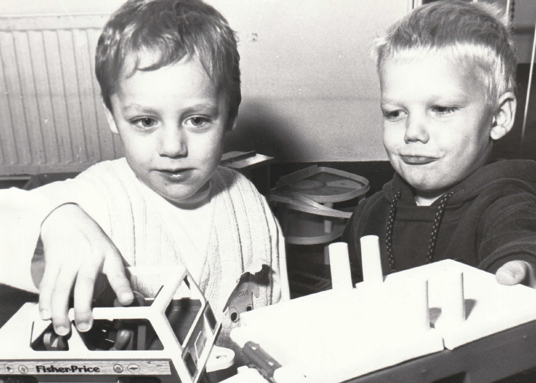 KIDS: Dean and Josh, both four, playing with toy cars at the new Alphabet playgroup at Dalton in 1994