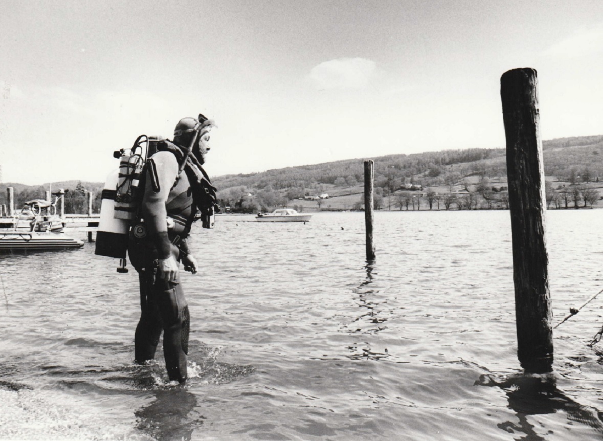WATER: Tom Hatton, of Standish, near Wigan, starting an underwater walk at Coniston Water in April 1995 to raise money for that October’s Standish Arts Festival. He hoped to walk along the bottom of the width of the lake and back again