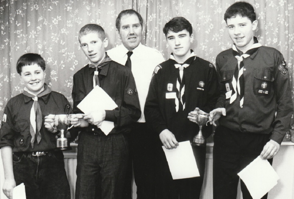 FIRST AID: A Scouts first aid competition was held in 1993. Pictured, from left: Sean Ducie and Christopher Cooper of the 25th Baptists, winners with Johnnie Suther of the team event; head of the Casualties Union Mike