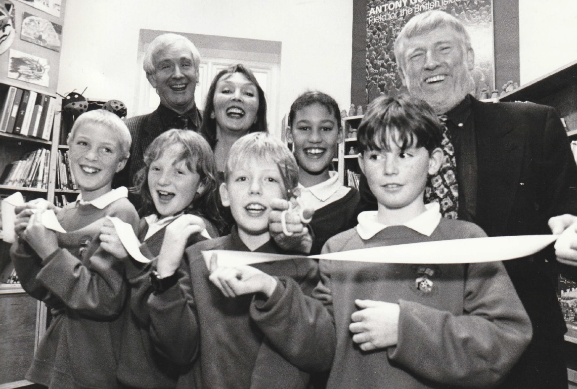 SCHOOL: Pennington School pupils with their headteacher Jeni Boothman (back centre) celebrate the opening of the school’s new extension in 1997. Also pictured are project chief architect Tony Boothman (left) and director of education John Nellist