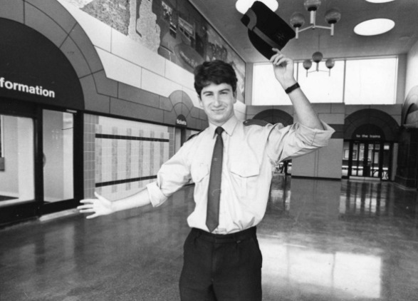 HATS OFF: Senior railwayman Darren Mawdsley shows off the new Barrow railway station booking hall in August 1989