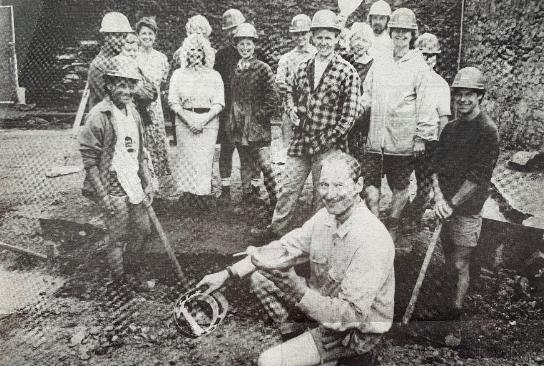 Cup carver Adam Rubinstein with other volunteers at the threshold ceremony for the Cumbrian cruck barn being built at Welfare State International’s headquarters in Ulverston in 1995