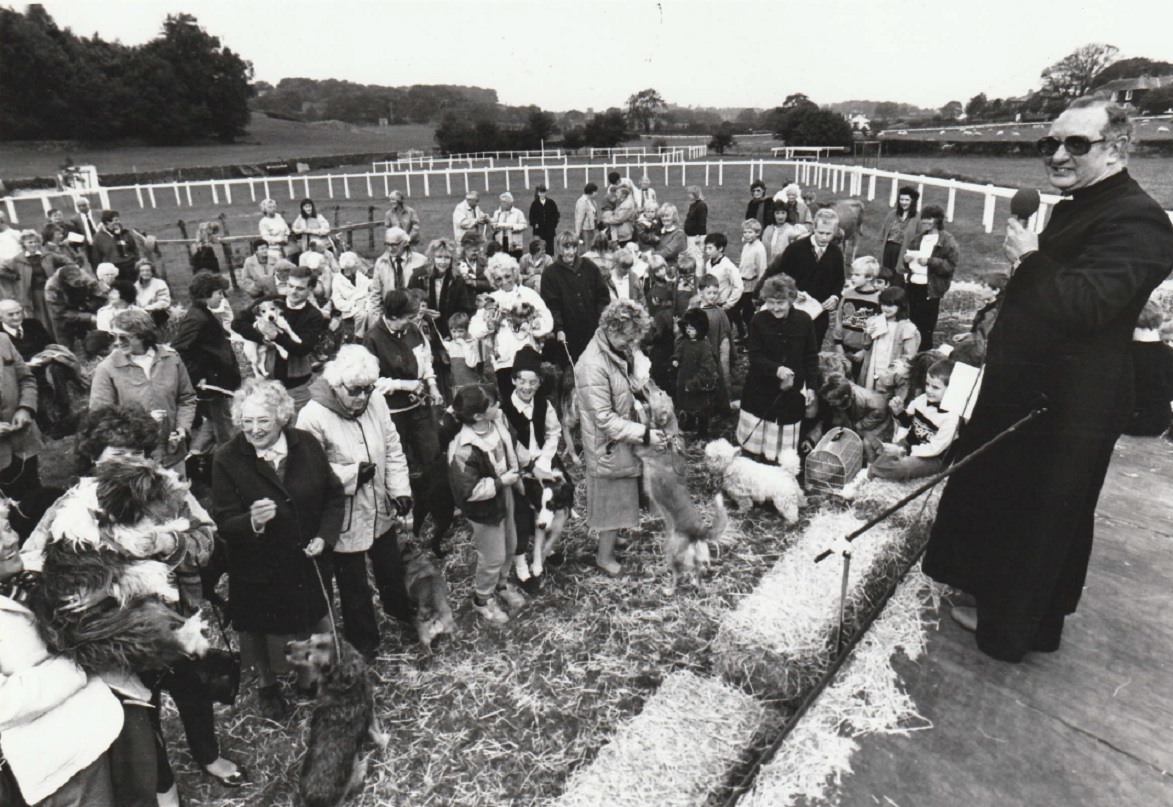 BLESS: The blessing service for animals conducted by the Rev Christopher Atkinson on Cartmel Racecourse in 1989