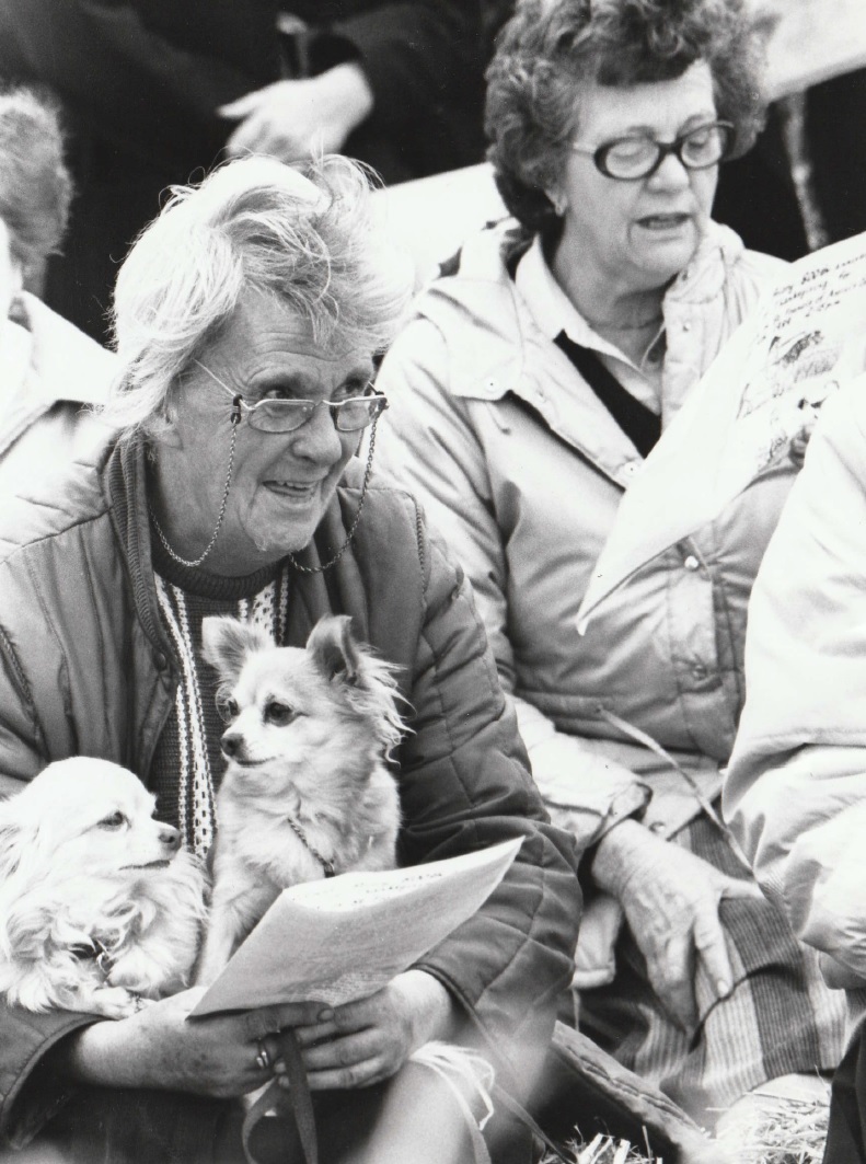 SMILES: Some of the canine ‘congregation’ with their owner at the service of thanksgiving at Cartmel Racecourse in 1989, which included animals being blessed