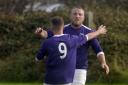 STAR MAN: Matt Dean is congratulated after one of his four goals for Croftlands Park against Haverigg United         Pictures: Jon Granger