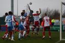 Stevenage’s Christy Pym punches a corner clear during the Sky Bet League 2 match.  Pictures: Mark Fletcher | MI News