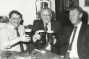 Alex Parker, Norman Benson and Mike Barker sample a pint of Hartley's Fellrunners at the Rose and Crown at Ulverston in 1988