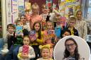Kayleigh Graveson (inset) and children from Greengate Junior School after they received books