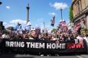 People take part during a Bring Hostages Home event in central London, to demand the immediate release of Israeli hostages from Gaza (Lucy North/PA)
