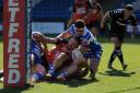 FALLING SHORT: Dan Toal can't quite get the ball down during Barrow Raiders' defeat at Halifax                                   Picture: Richard Land