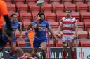 Jarrad Stack celebrates his try for Barrow Raiders against Leigh Centurions Picture: Richard Land