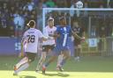 Tristan Abrahams of Carlisle United, James Jones of Barrow and Oliver Banks of Barrow in action during the Sky Bet League 2 match between Carlisle United and Barrow at Brunton Park, Carlisle on Saturday, November 13 2021. Picture: Will Matthews|MI News