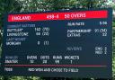 A general view of the scoreboard after England scored the highest-ever total in a one-day international, hitting 498 for four in today s 50-over match against the Netherlands. Photo: David Charlesworth/PA Wire.
