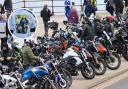 Bikers at the end of their journey in Scarborough (inset: a biker wearing a Dave Myers t-shirt)