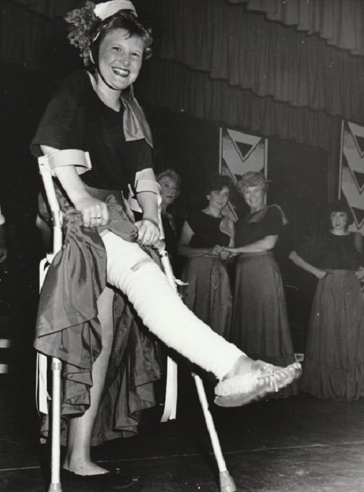 LEG: Caroline Long, who had suffered a fracture, displays ‘the show must go on’ spirit by taking part in 1988