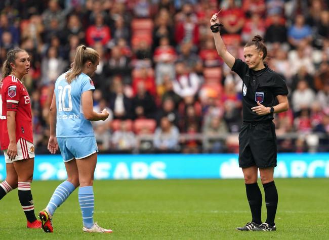 DISMISSED: City’s Georgia Stanway shown a red card by referee Rebecca Welch        Picture: Martin Rickett/PA Wire