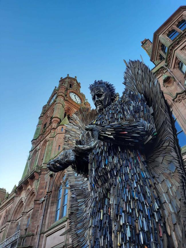 IMPOSE: Standing just outside the town hall, the statue implores the onlooker to consider the plight of knife crime