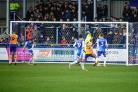 BARROW IN FURNESS, UK. JAN 22ND.Jordan Bowery of Mansfield Town FC scores his teams third goal during the Sky Bet League 2 match between Barrow and Mansfield Town at Holker Street, Barrow-in-Furness on Saturday 22nd January 2022. (Credit: Ian Charles |