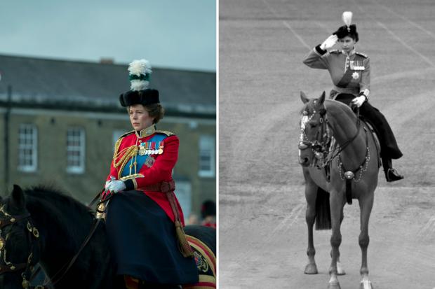 The Mail: Queen Elizabeth II (OLIVIA COLMAN) and Queen Elizabeth II at Trooping the colours. (Des Willie/PA)