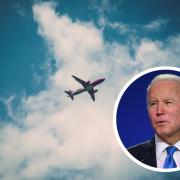 (Background) Plane flying across the sky. (Canva) (Circle) President Biden (PA)