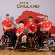 Team England men’s wheelchair basketball team. Featuring Lee Manning, Abderrahim Taghrest, Charlie McIntyre and Tyler Baines. Photo Credit: Sam Mellish / Team England