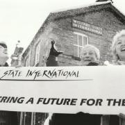 From left: Sophia Gerrard, general manager, John Fox, artistic director and founder and Sue Gill, educational training coordinator, celebrate a lottery grant for Welfare State International in 1996