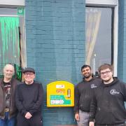 Andy White, Les Patterson and the two workmen who fitted the defib from WHB Electrical Services