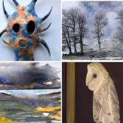 (Top L-R)  Wooded Spirit Mask by Kate Davies, Brathay Reflections by Trev Eales, a painting by Joan Keerie, owl painting by Marina Simpson