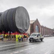 The submarne unit being moved through Barrow
