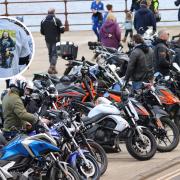 Bikers at the end of their journey in Scarborough (inset: a biker wearing a Dave Myers t-shirt)