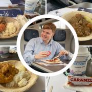 Food from the new TPE first class service. Clockwise from top left: ratatouille chilli, beef stew, tea and wafer, cauliflower and butternut squash curry. Centre pic: TPE promo pic of man eating bacon roll