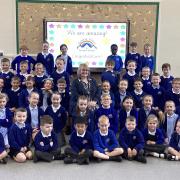 Pupils from the Victoria Infant and Nursery School with Headteacher Lindsay Grayless